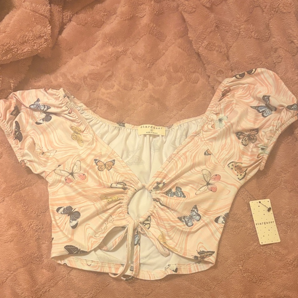 Stargazer Pink Butterfly Tie-Front Crop Top